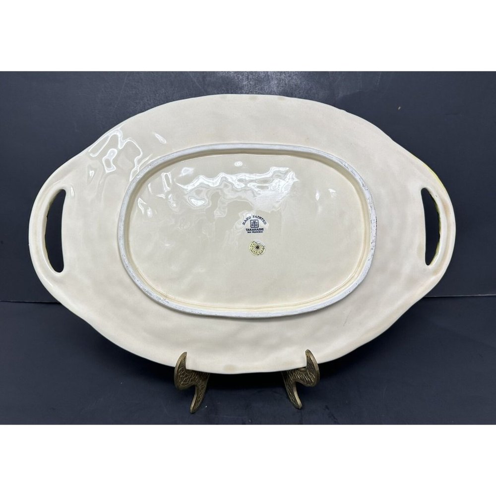 TAKAHASHI ANTIQUA Embossed Grapes Basket Weave Majolica 16" 2 Handled Platter - Picture 2 of 10